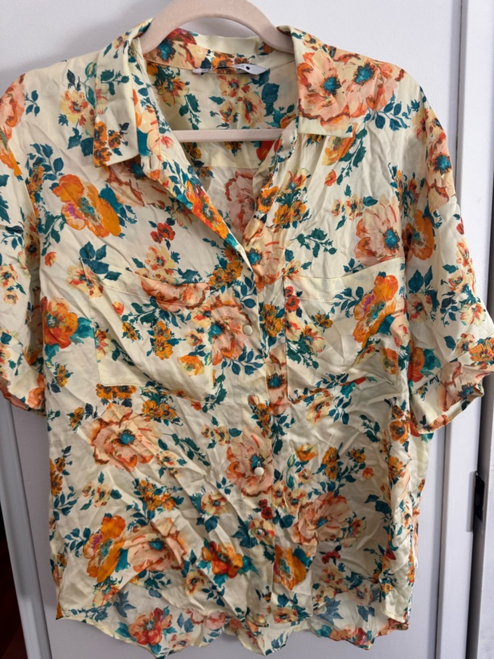 ZARA yellow floral silky button down top - Picture 5 of 8